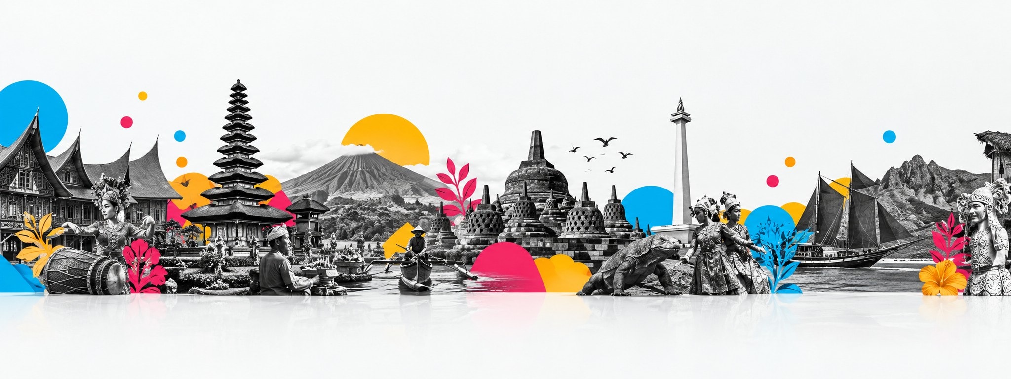 Kolase ikon Indonesia: rumah gadang, pura Bali, gunung berapi, Candi Borobudur, Monas, komodo, kapal pinisi, dan penari tradisional