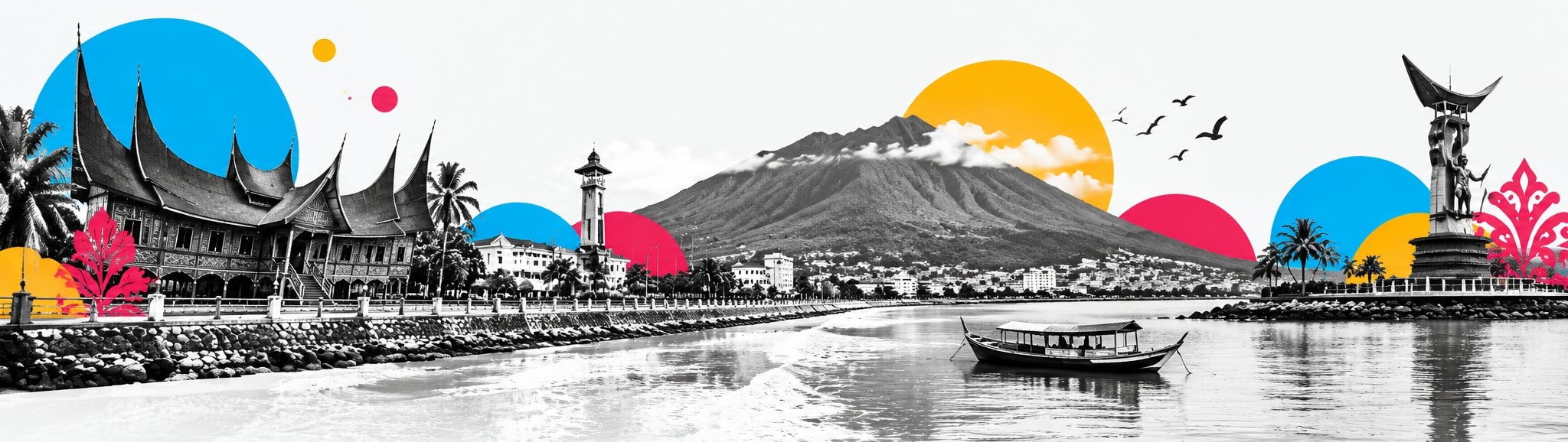 Ilustrasi pesisir Sumatra Barat dengan rumah gadang, gunung, perahu, dan tugu di tepi pantai